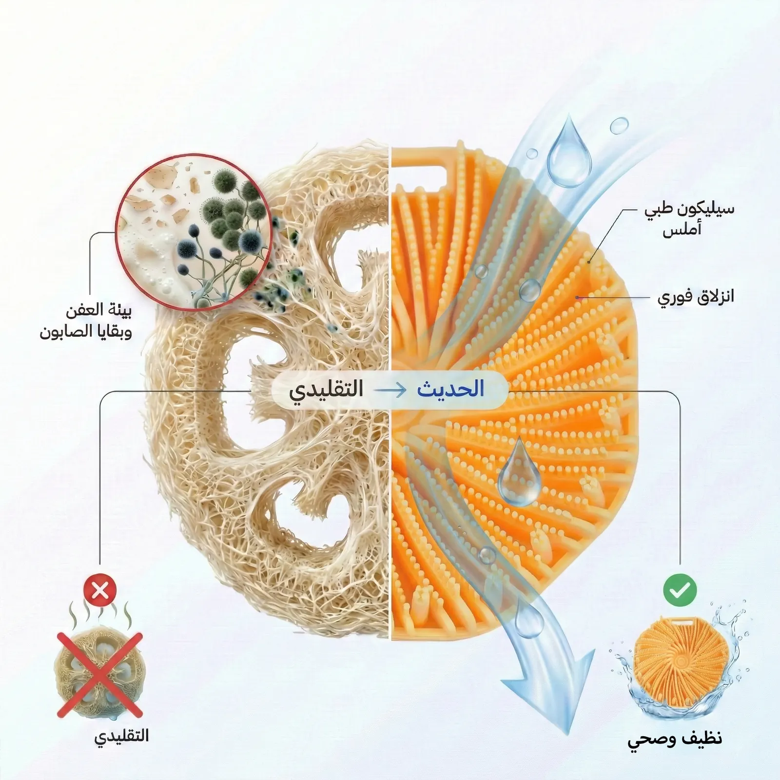 مقارنة مصورة بين الليفة التقليدية وليفة السيليكون Scrub Plus