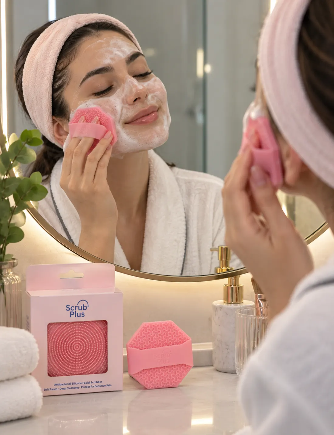 سيدة تستخدم ليفة الوجه الوردية من Scrub Plus أمام المرآة